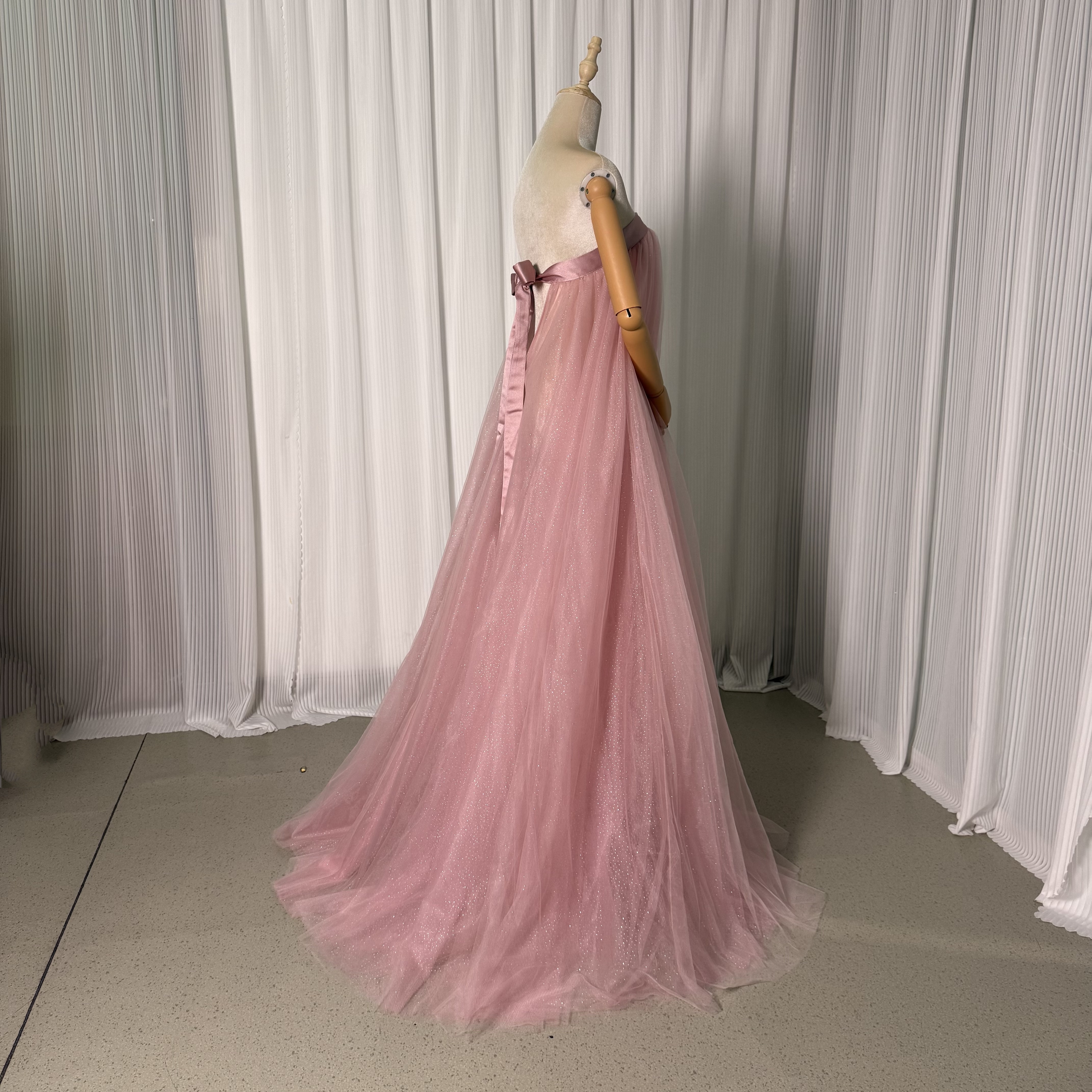 オーバードレス 韓国風 ピンク ベアトップ キラキラグリッターチュール リボン 花嫁/ウェディングドレス 前撮り