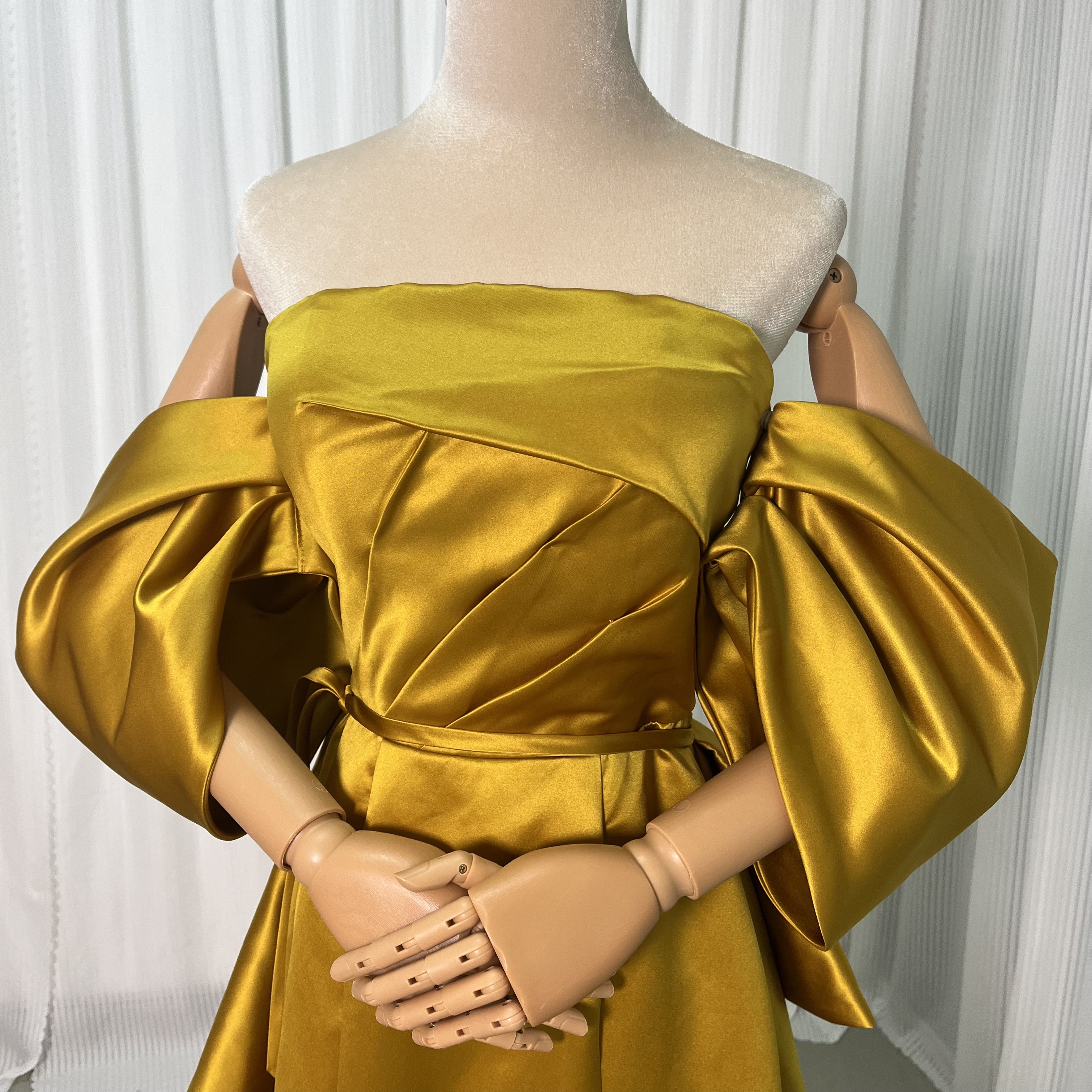 華やか カラードレス イエロー マーメイドライン ベアトップ ドロップショルダー バックリボン ファスナー 前撮り