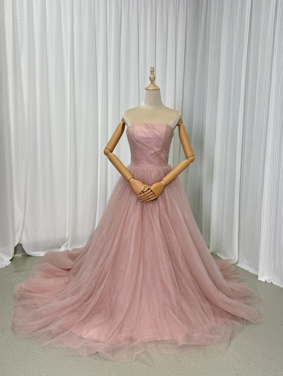 上品！カラードレス もも色 ベアトップ スレンダーライン 編み上げ 花嫁 披露宴