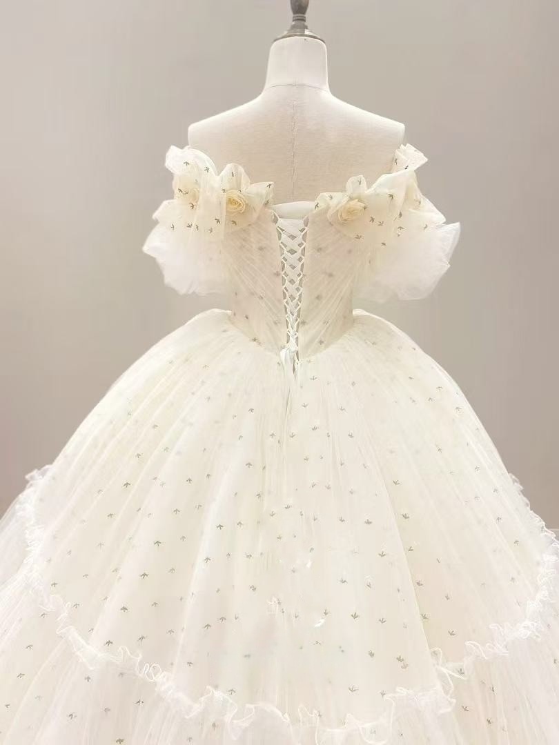 カラードレス 薄シャンパンの色 オフショルダー ソフトチュール プリンセスライン 二次会/前撮り