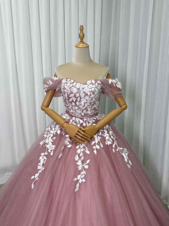 カラードレス ピンク オフショルダー エレガントレース Aライン 編み上げ 披露宴