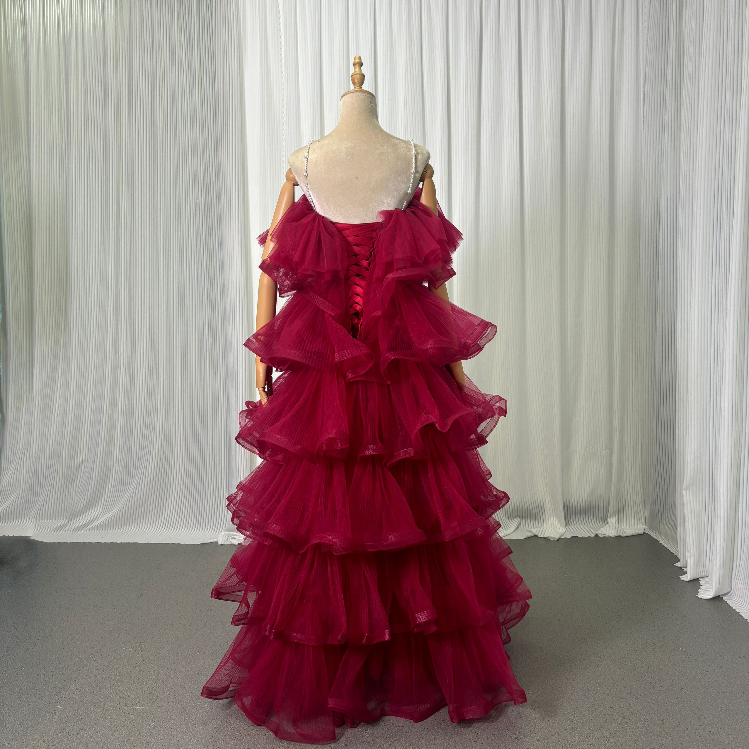 カラードレス ボルドー色 ビーズキャミソール ティアードのドレス ロング ラッフルフリル 前撮り 二次会