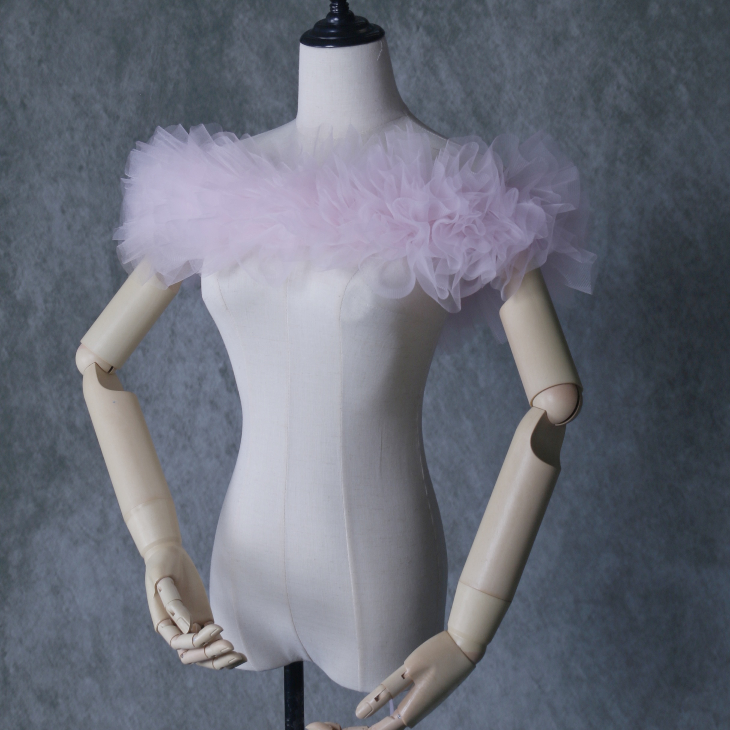 取り外しオフショルダー ピンク 編み上げ ソフトチュール 色直し 花嫁/ウェディングドレス