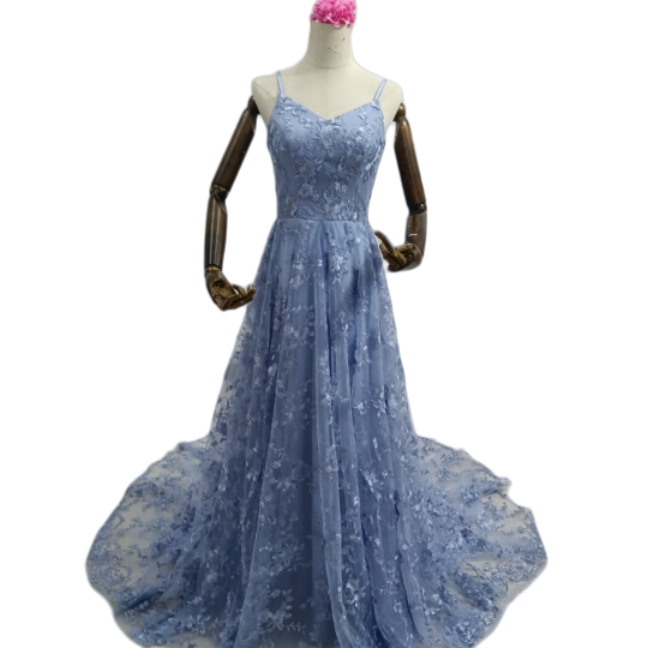キャミソール ブルー カラードレス 背中見せ 贅沢な小花総レース 華やかなトレーン 前撮り