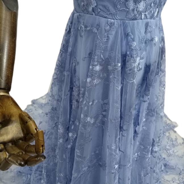 キャミソール ブルー カラードレス 背中見せ 贅沢な小花総レース 華やかなトレーン 前撮り