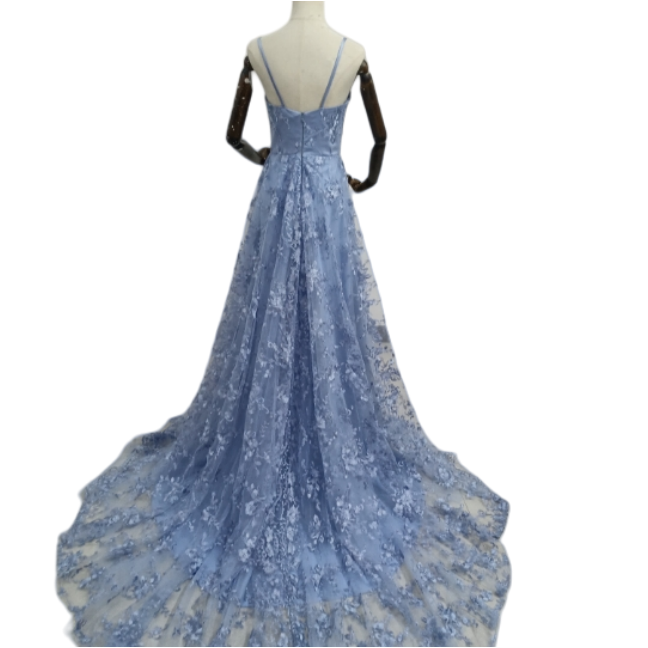 キャミソール ブルー カラードレス 背中見せ 贅沢な小花総レース 華やかなトレーン 前撮り