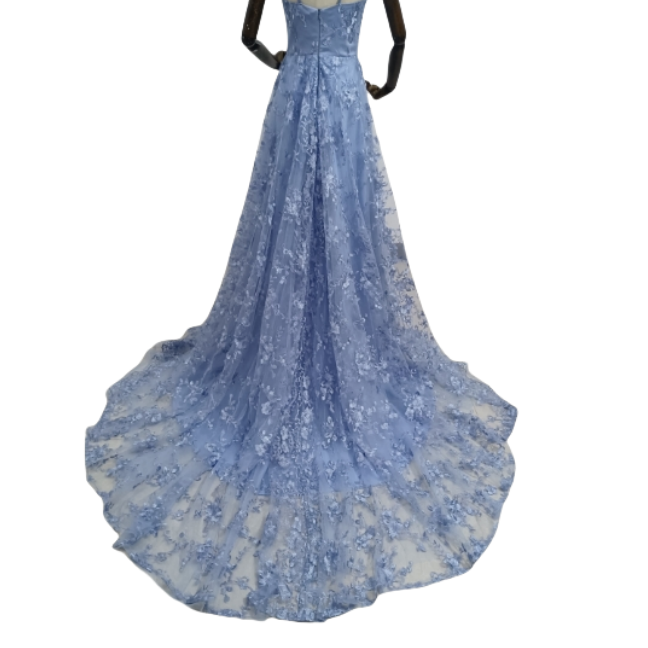 キャミソール ブルー カラードレス 背中見せ 贅沢な小花総レース 華やかなトレーン 前撮り