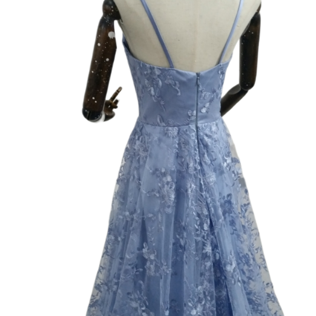 キャミソール ブルー カラードレス 背中見せ 贅沢な小花総レース 華やかなトレーン 前撮り