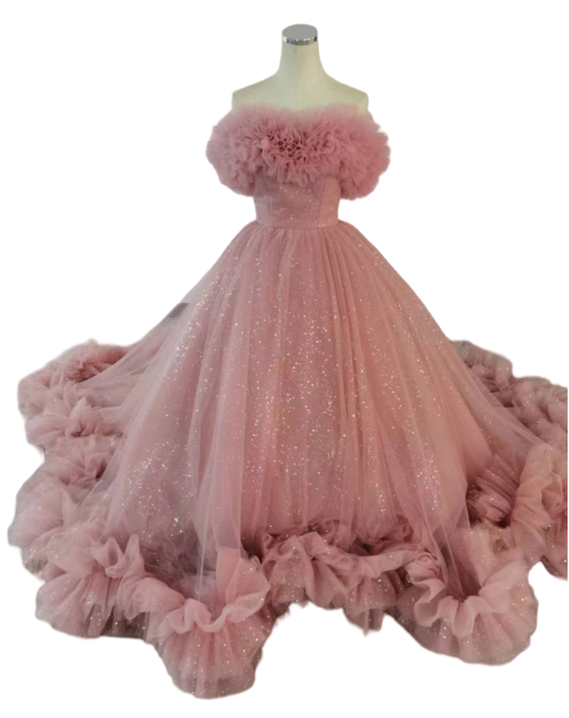 フリルドレス カラードレス ピンク キラキラグリッターチュール オフショルダー 花嫁/前撮り