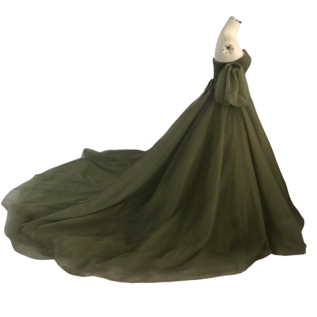 カラードレス グリーン チュールスカート ベアトップ パフスリーブ 編み上げ 前撮り