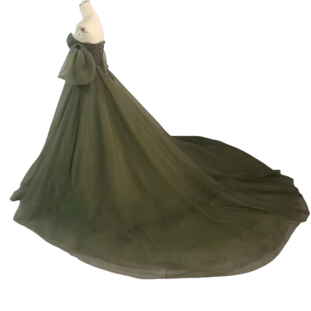 カラードレス グリーン チュールスカート ベアトップ パフスリーブ 編み上げ 前撮り