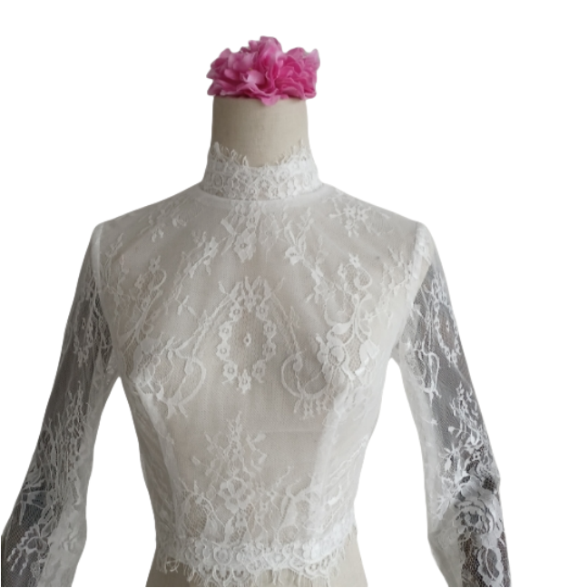 ボレロ エレガントレース ハイネック ロングスリーブ くるみボタン 結婚式