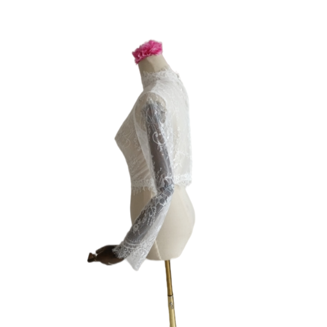 ボレロ エレガントレース ハイネック ロングスリーブ くるみボタン 結婚式