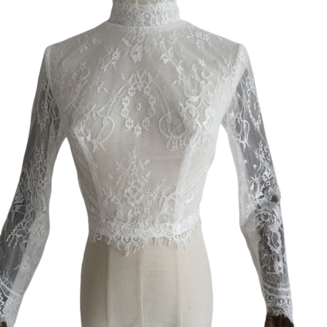 ボレロ エレガントレース ハイネック ロングスリーブ くるみボタン 結婚式