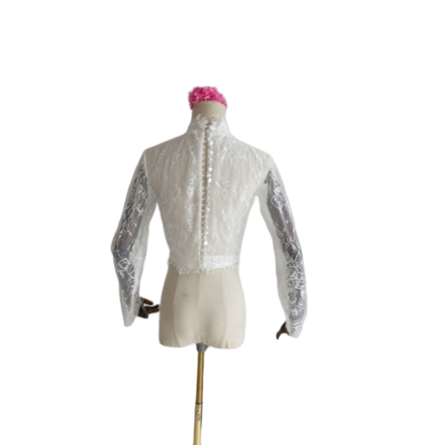 ボレロ エレガントレース ハイネック ロングスリーブ くるみボタン 結婚式