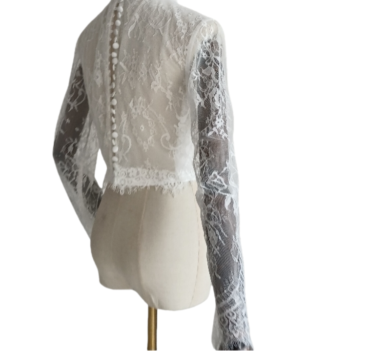 ボレロ エレガントレース ハイネック ロングスリーブ くるみボタン 結婚式