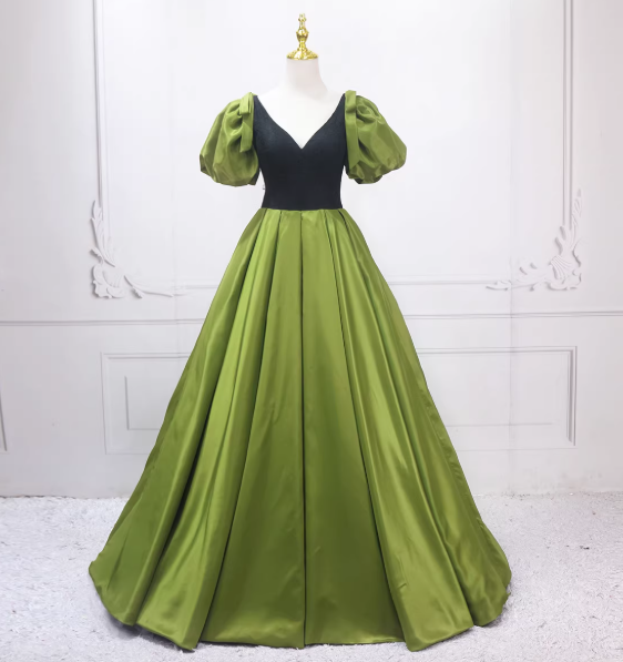 カラードレス グリーン Vネック リボン パフスリーブ Aライン ミニトレーン 編み上げ 披露宴