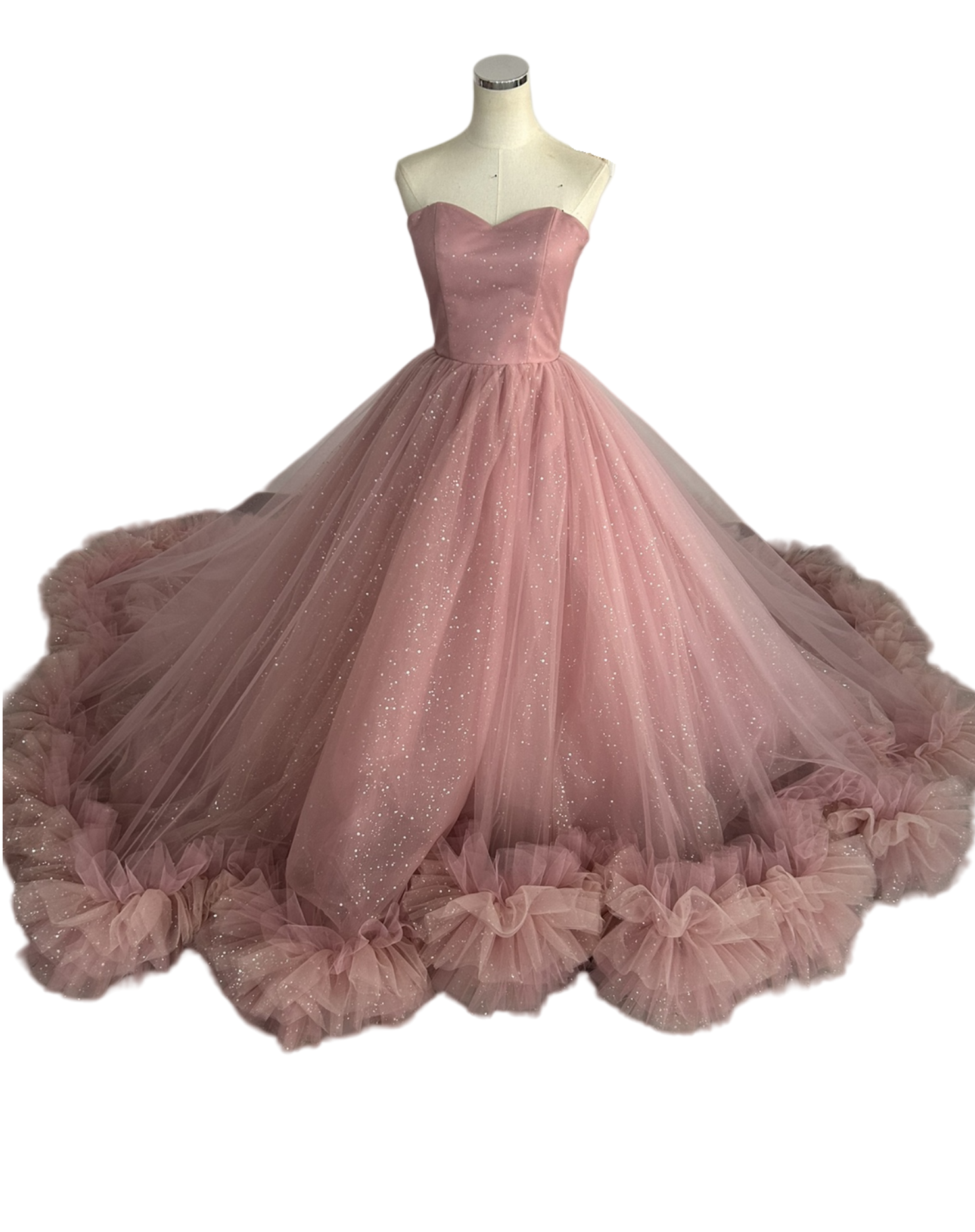 人気上昇！カラードレス ピンク ベアトップ キラキラチュール ラッフルフリル 華やかなトレーン