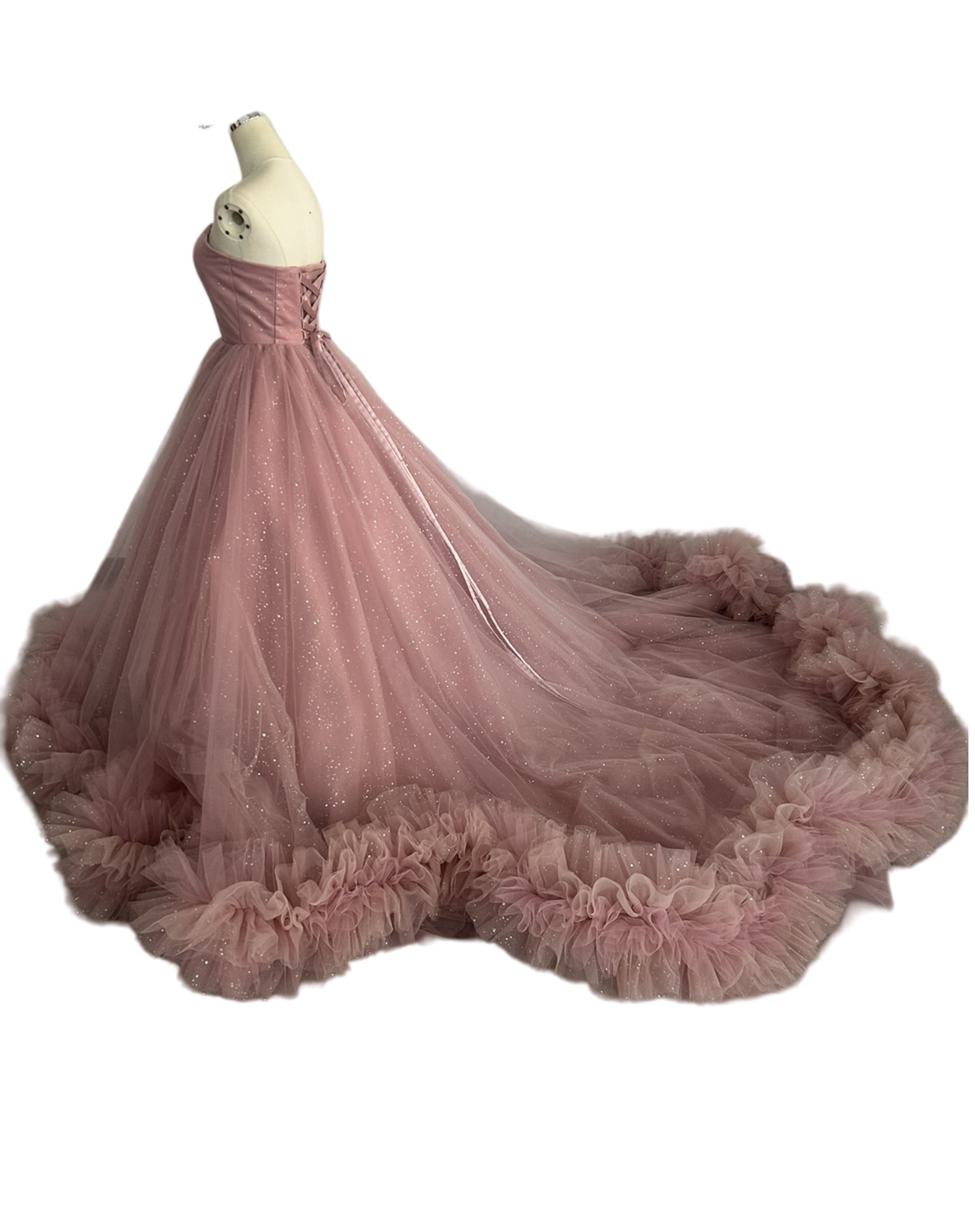 人気上昇！カラードレス ピンク ベアトップ キラキラチュール ラッフルフリル 華やかなトレーン