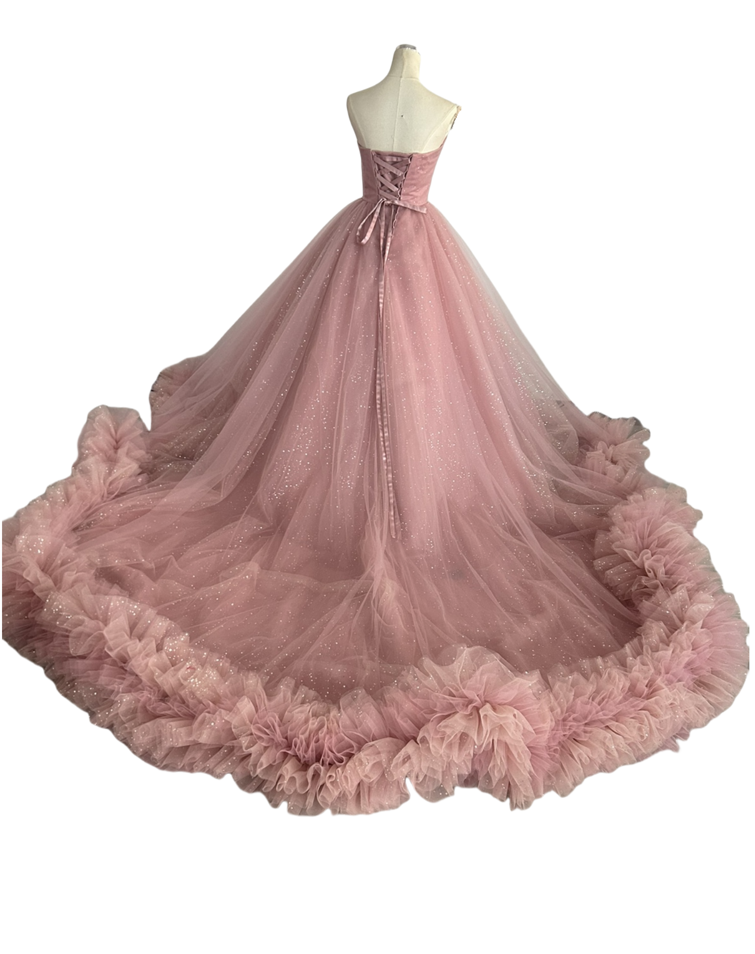 人気上昇！カラードレス ピンク ベアトップ キラキラチュール ラッフルフリル 華やかなトレーン