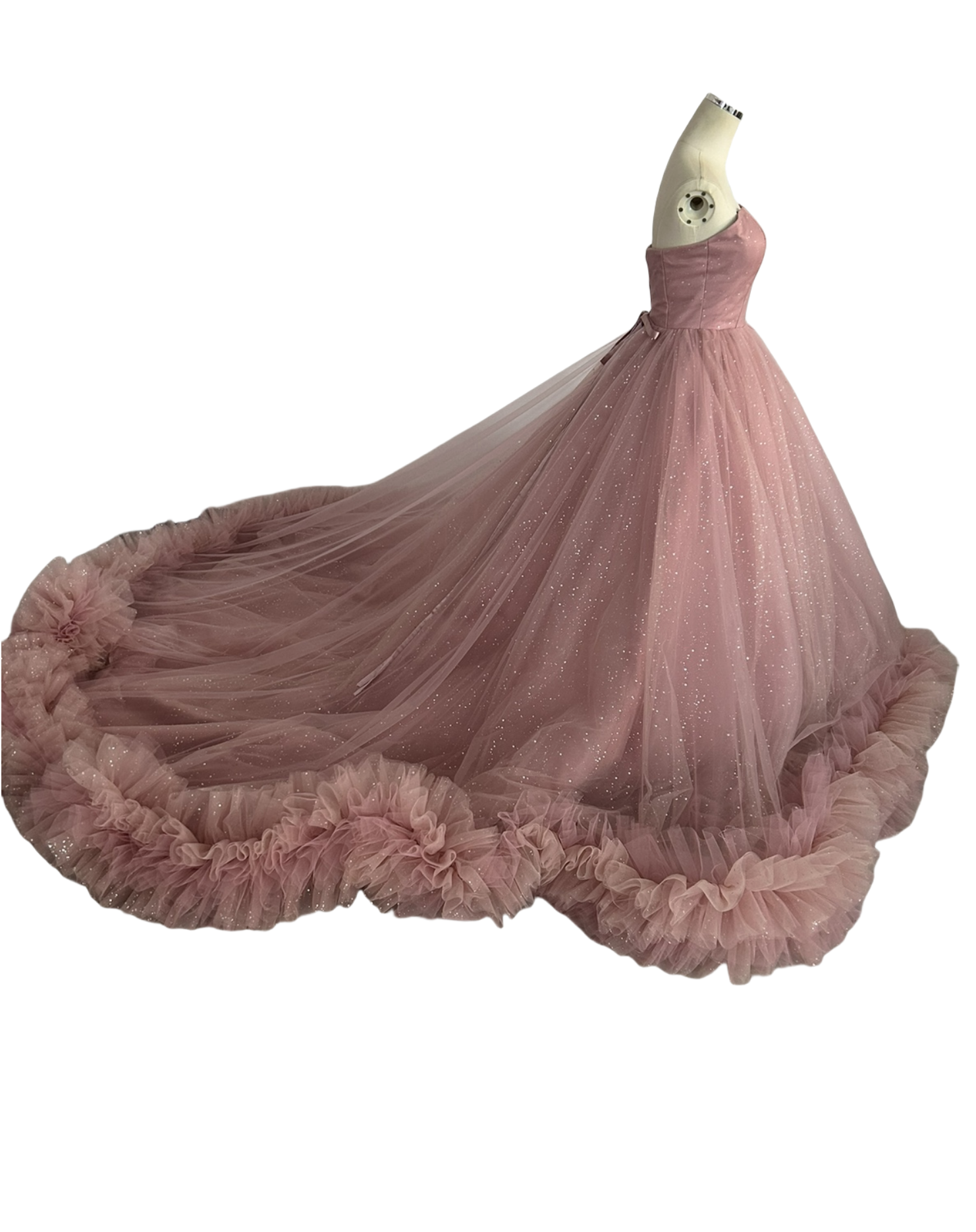 人気上昇！カラードレス ピンク ベアトップ キラキラチュール ラッフルフリル 華やかなトレーン