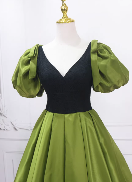 カラードレス グリーン Vネック リボン パフスリーブ Aライン ミニトレーン 編み上げ 披露宴