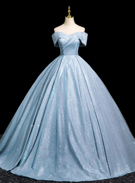 カラードレス ブルー オフショルダー プリンセスライン シークインチュール 編み上げ 披露宴