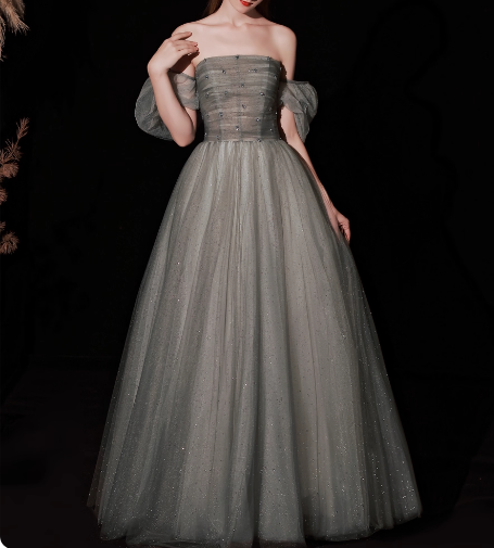 カラードレス グレー キラキラチュール ベアトップ パフスリーブ グリッタードレス Aライン 音楽会/発表会