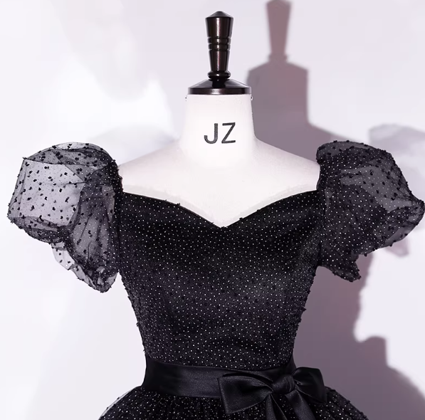 パーティードレス ブラック シースルー袖 シークインチュール フレアスカート ファスナー 音楽会/発表会