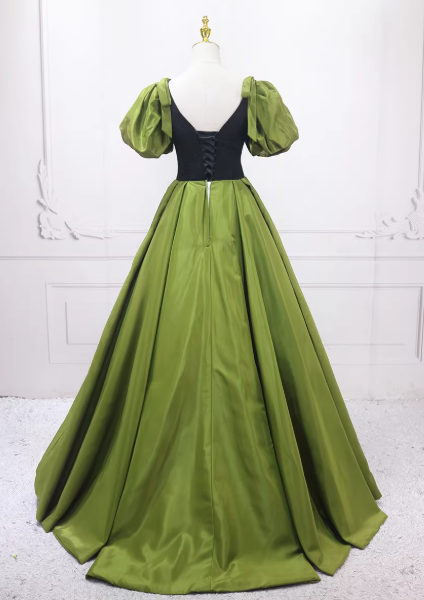 カラードレス グリーン Vネック リボン パフスリーブ Aライン ミニトレーン 編み上げ 披露宴