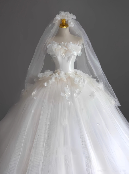 華やか ウェディングドレス ベアトップ 花柄のモチーフ刺繍が美しく ボリュームドレス 結婚式