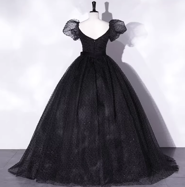 パーティードレス ブラック シースルー袖 シークインチュール フレアスカート ファスナー 音楽会/発表会