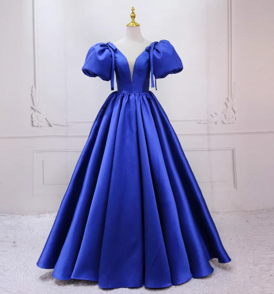カラードレス ジュエルブルー Vネック パフスリーブ 揺らめく裾 大人っぽい 編み上げ 音楽会