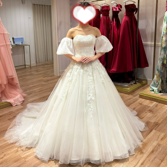 実例写真！パフスリーブ オフホワイト 取り外し袖 ソフトチュール ストレッチ 花嫁/ウェディングドレス