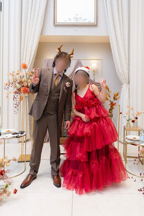 実例写真！ボルドー色 カラードレス キャミソール 上質オーガンジー デザイン感 可愛い 編み上げ 前撮り