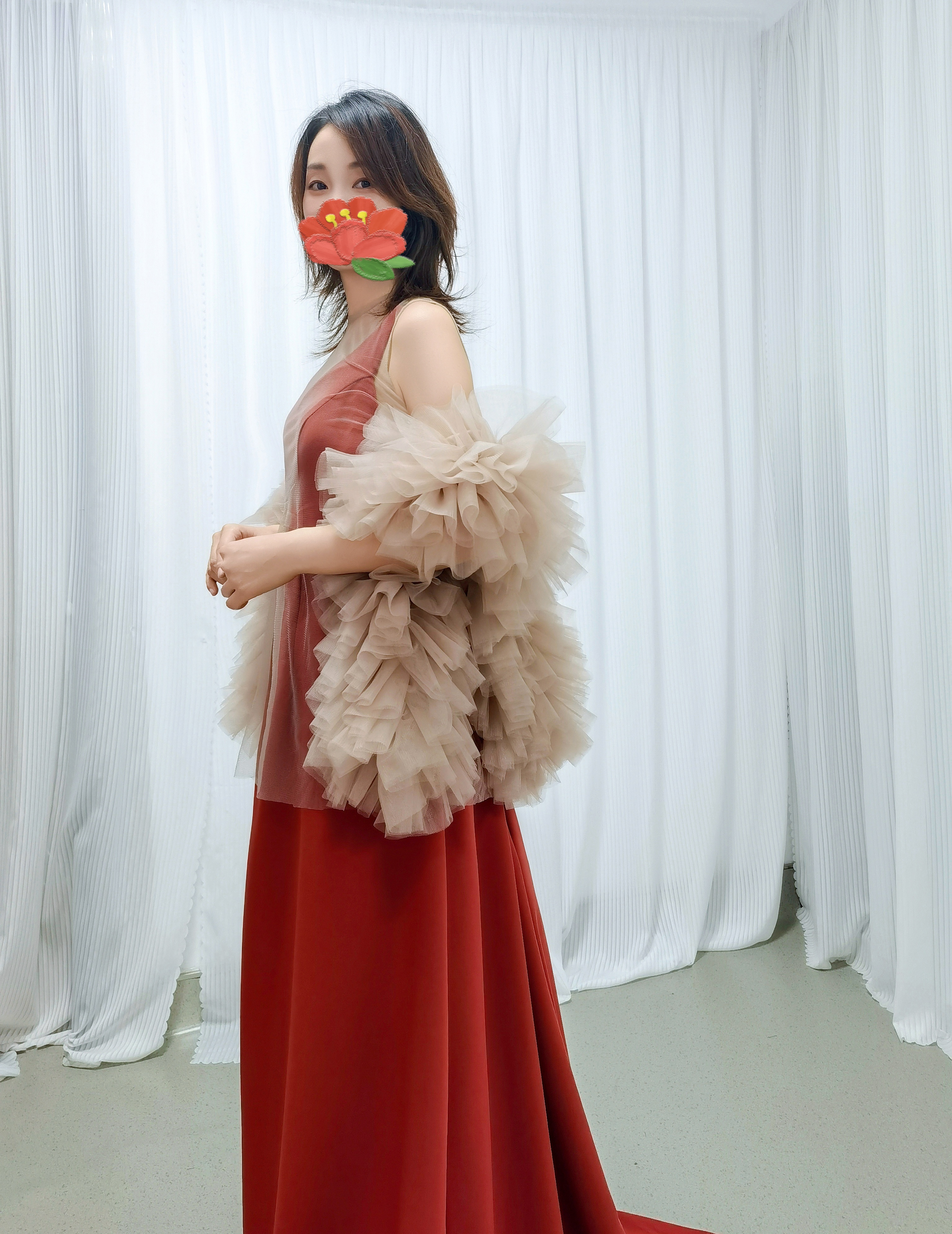 パーティードレス Vネック ツーピース テラコッタ色 トップス+キャミソール ラッフルフリル 前撮り