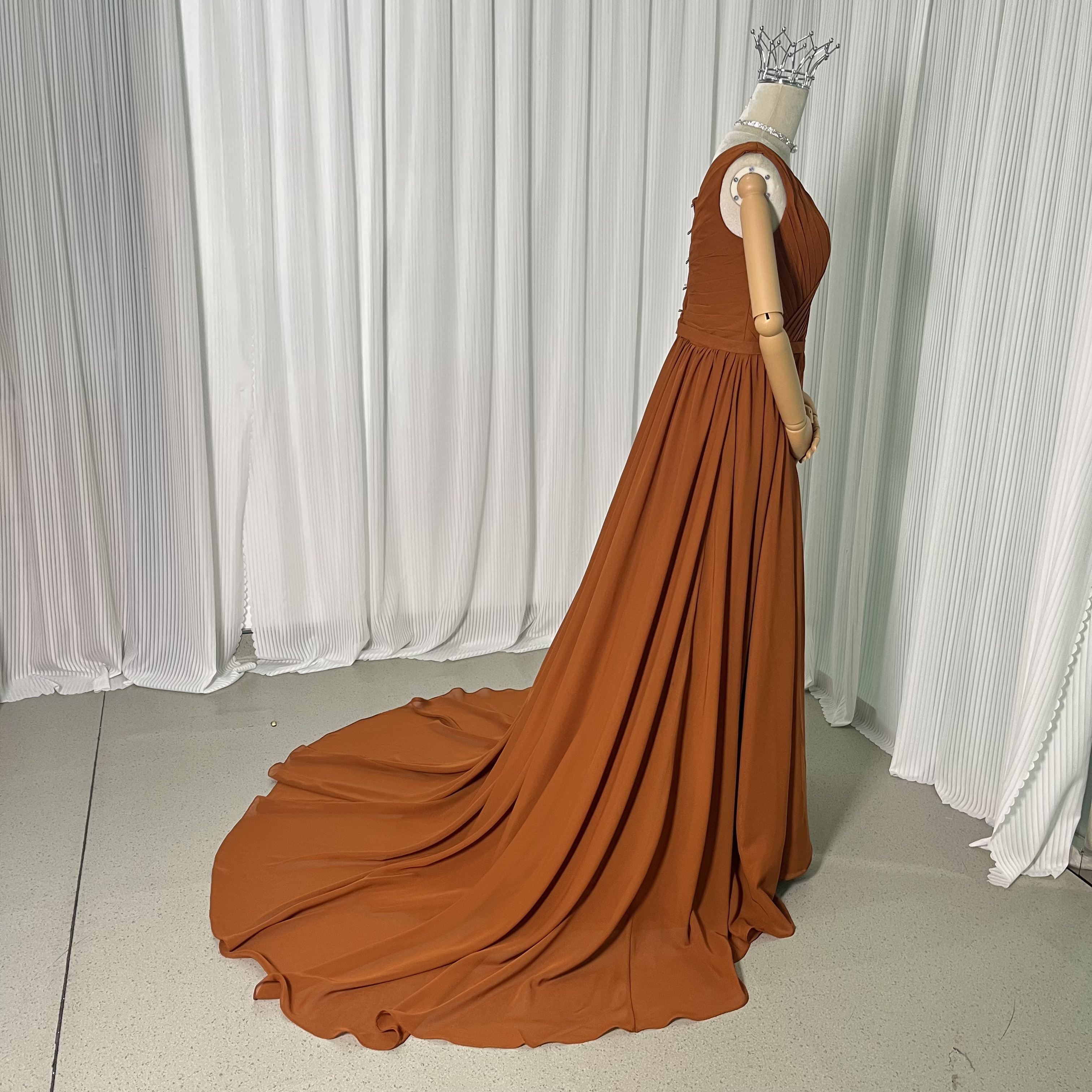 パーティードレス Vネック テラコッタ 編み上げ お呼ばれ/二次会/前撮り