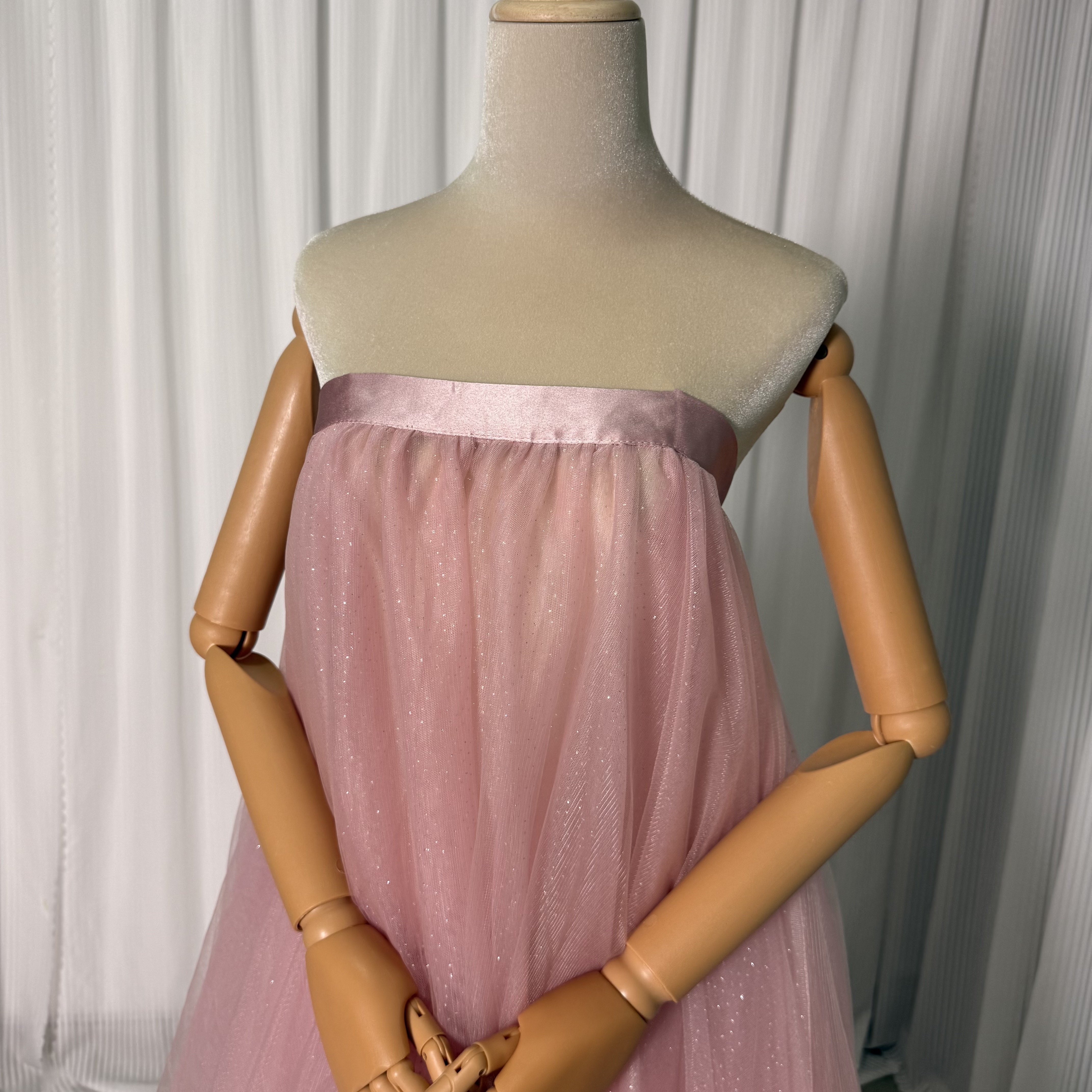 オーバードレス 韓国風 ピンク ベアトップ キラキラグリッターチュール リボン 花嫁/ウェディングドレス 前撮り