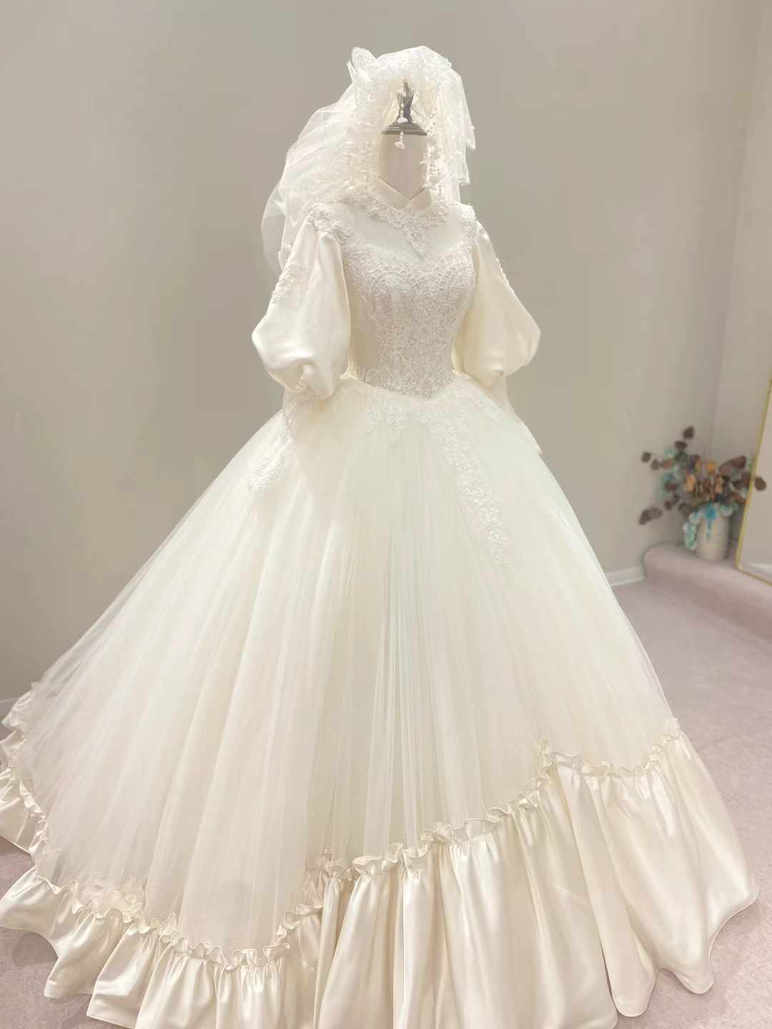 フランス風 ウェディングドレス 七分袖丈 プリンセスライン 绮丽な 披露宴/結婚式