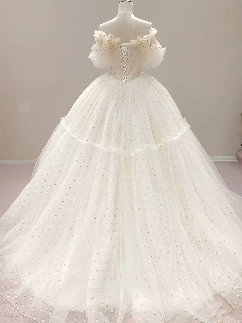 カラードレス 薄シャンパンの色 オフショルダー ソフトチュール プリンセスライン 二次会/前撮り