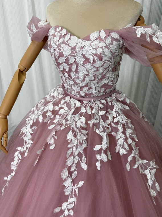 カラードレス ピンク オフショルダー エレガントレース Aライン 編み上げ 披露宴