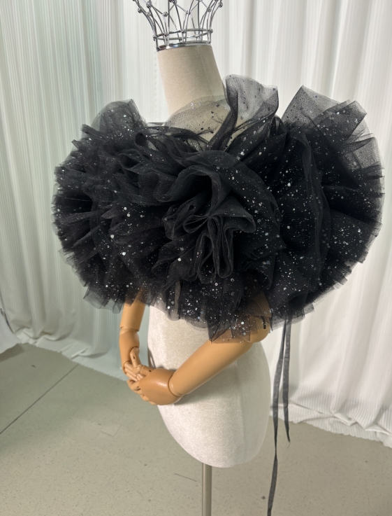 ブラック オフショルダー キラキラグリッターチュール ふっくら柔らかなバックリボン 披露宴/結婚式