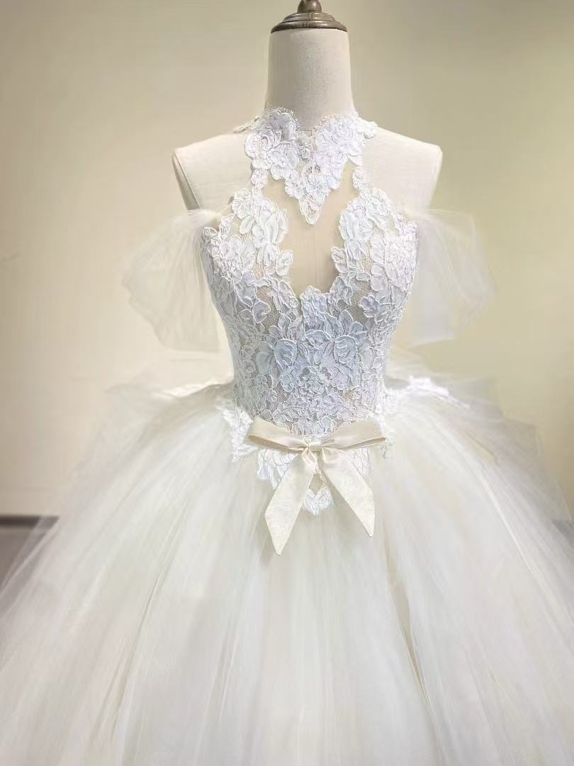 ウェディングドレス ホルターネック オフショルダー プリンセスライン 美しい花レース 結婚式