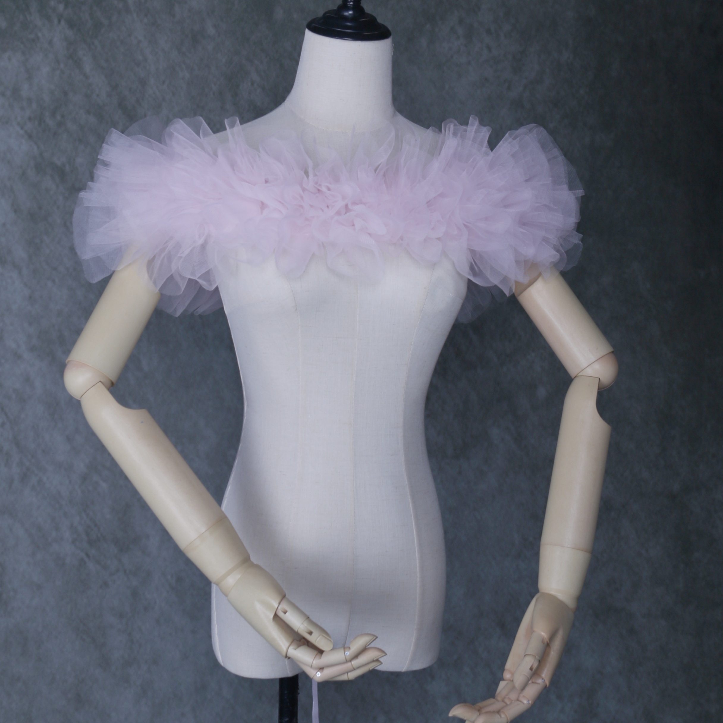 取り外しオフショルダー ピンク 編み上げ ソフトチュール 色直し 花嫁/ウェディングドレス