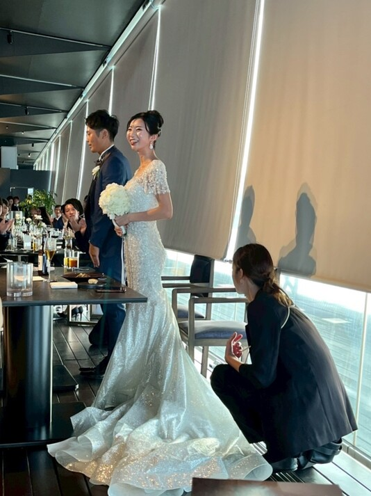 実例写真！豪華！ウェディングドレス ビジュー 短袖 編み上げ 韓国風ドレス マーメイド グリッタードレス 結婚式