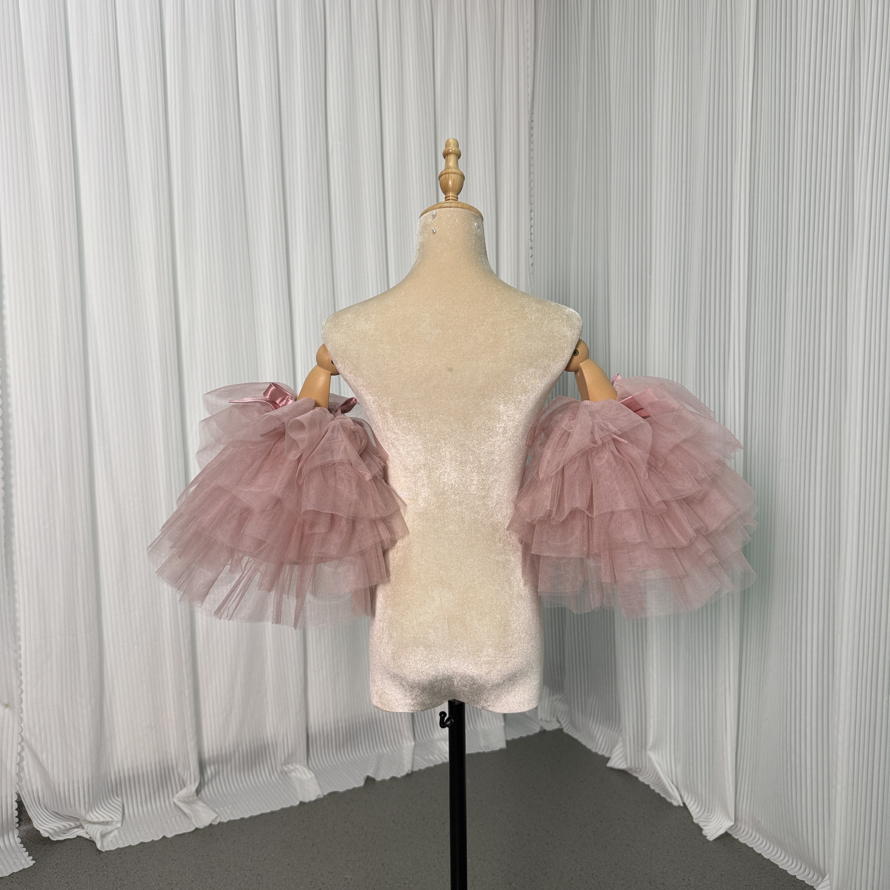 取り外し可能な付け袖 薄ピンク フレア袖 リボン ストレッチ 姫袖 パフスリーブ ソフトチュール 花嫁