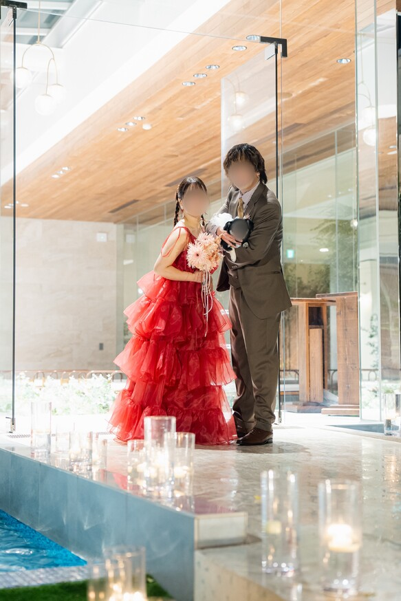 実例写真！ボルドー色 カラードレス キャミソール 上質オーガンジー デザイン感 可愛い 編み上げ 前撮り