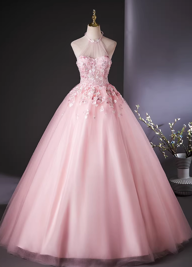 上品！カラードレス ピンク ホルターネック 花モチーフ フレアスカート 編み上げ ロング 披露宴