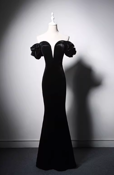 パーティードレス ブラック オフショルダー フリル袖 ビロード マーメイドライン ロング 披露宴