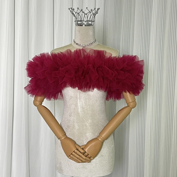 実例写真！取り外しオフショルダーのみ ワインレッド ソフトチュール 編み上げ 花嫁